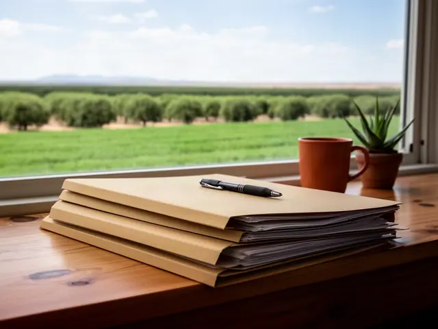 Stack of closed kraft folders with a pen on a pine desk by a window onto green fields and pecan trees