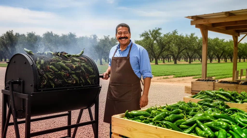 Chile-stand owner turning a drum roaster of green chiles beside crates of chiles and pecan orchards